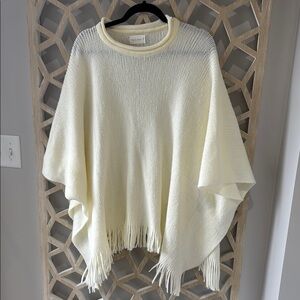 Cream Poncho Sweater with Fringe and Loose Fit
